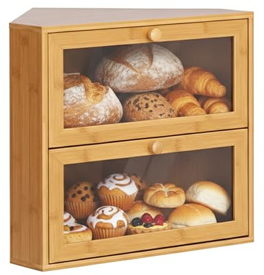 Relaxdays Panera de Esquina de Bambú, 2 Niveles con Ventana Acrílica, Compacta, Medidas 35x40x27,5 cm, Natural