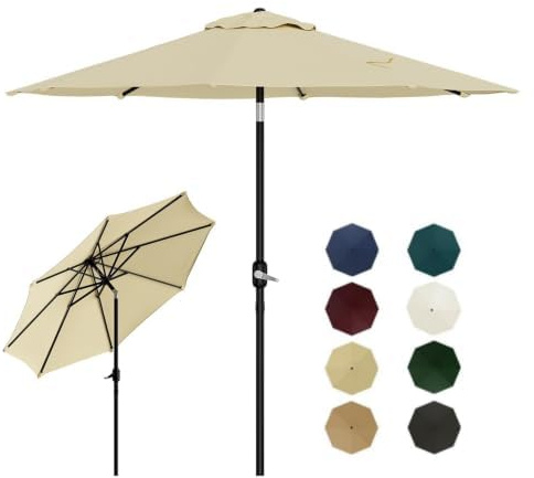 Acekool Parasol de terrasse extérieur de jardin 215 cm, protection solaire UV, grand parasol de plage familial avec manivelle, direction réglable, imperméable, pour patio, terrasse, balcon, piscine