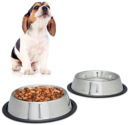 Relaxdays Set 2x Gamelles Chiens Écuelles Eau Bol Croquette & Pâtée Antidérapant Inox Antirouille Taille M Argenté
