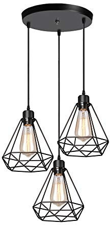 iDEGU Retro Industrial Pendant Light, 3 Lights Cage Ceiling Light Shade Metal E27 Vintage Hanging Lamp Shade Black Pendant Light Fitting, Ø 20cm - Round Canopy