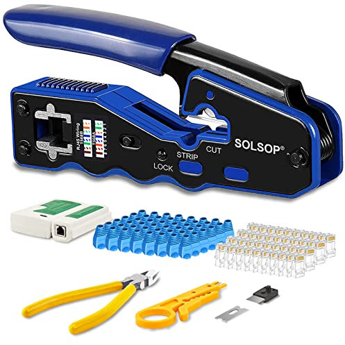 Solsop Network/Phone Cable Tester RJ45 Crimp Tool Pass Through Modular CAT6 Crimping Tool Kit, 50PCS CAT6 Pass Through Connectors, 50PCS RJ45 Boots, Mini Wire Stripper, Wire Cutter plier