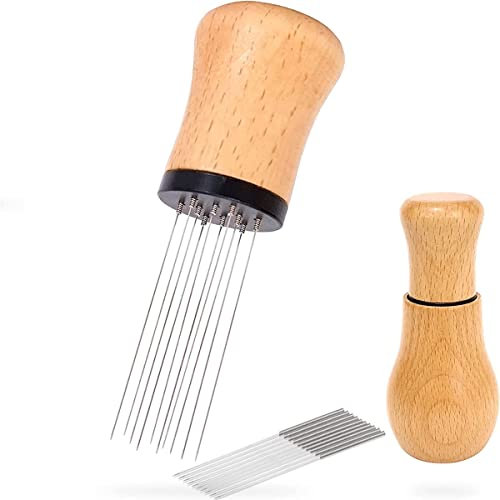 WDT-Werkzeug, Espresso-Verteilungswerkzeuge, 10 x 0,35 mm 304 Edelstahlnadeln Installiert mit 10 zusätzlichen Nadeln für den Ersatz der Kaffeemühle Verteiler Natur Holz Griff mit Ständer (Buchenholz)