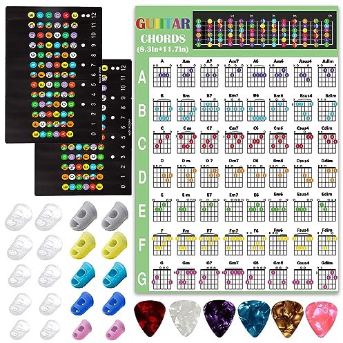 Gitarren-Fingerspitzenschutz, Gitarren-Fingerschutz, Silikonabdeckungen für Gitarre, Bass, Ukulele, mit 2 Griffbrett-Aufklebern und Gitarren-Akkorddiagramm, 20 Stück