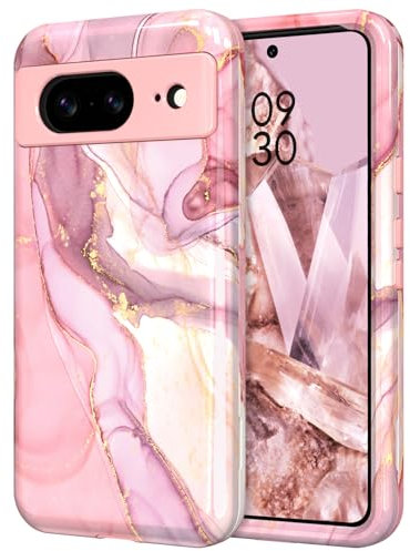 YINLAI for Google Pixel 8 Case Marble Pattern 3 in 1 Full Body Rugged, Soft Silicone Drop Shockproof Protection Girly Women Case for Google Pixel 8, Rose Gold Pink