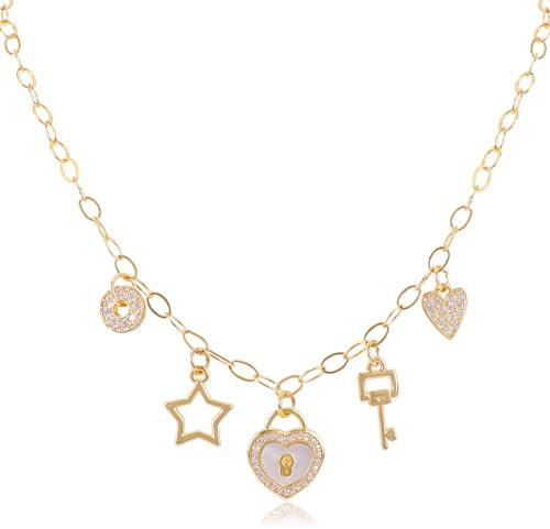 Gold Charm Necklace for Women Teen Girls 14K Gold Plated Chain Pendant Necklace with Cute Dangle CZ Love Heat Lock Key Star Clover Cross Pendant Adjustable Trendy Y2K Party Jewelry Gift for Girls