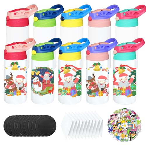 Gekestory 10 PACK Kids Sublimation Tumblers, 12oz Blank Sippy Cups, Stainless Steel Sublimation Water Bottle Blanks for DIY Heat Press Print Crafting Gift (10pack)