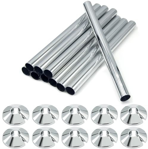 10 PCS Radiator Pipe Covers and Collars, 15mm x 200mm and 16mm Chrome Coverings for Radiator Pipe (Silver)