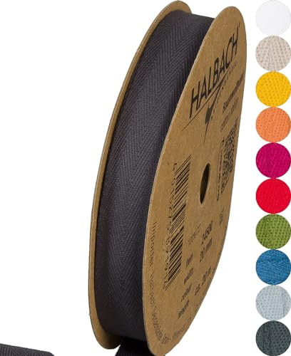 Halbach Seidenbänder Baumwollband | 20mm x 20m | Webband 100% Baumwolle | Bänder zum Basteln als Meterware | Stoffband für Dekorationen, DIY Handwerk, Schrägband Näharbeiten, Farbe: dunkelgrau
