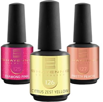 SHAYENNE UV Nagellack Set -MADE in GERMANY 3 Stück - 125 Diamond Pink Glitter 15 ml - 126 Citrus Zest Yellow 15ml - 127 Pretty Peach 15ml Gel Farblack Gellack Nagel Lack Nail Polish Nagelgel