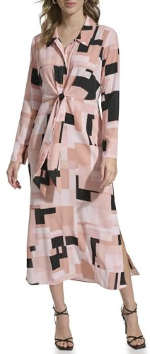 Calvin Klein Bedrucktes Damenkleid mit Langen Ärmeln, Desert Rose/Schwarz, Klein