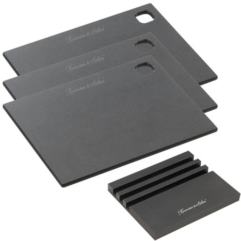 Rosenstein & Söhne Küchenschneidebretter: 3er-Set Holzfaser-Schneidebretter mit Ständer, 20 x 15 x 0,6 cm (Gemüseschneidebretter, Käse-Wurstbretter)…