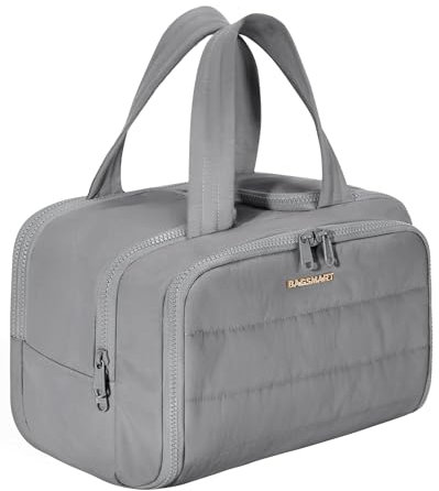 BAGSMART Toiletry Bag Large Travel Makeup Organiser, 2 Full Open Upright Compartments, Cosmetic Wash Bag with Wet & Brushes Pocket, Essentials Accessories for Women, Grey