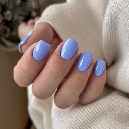 SXVME Blue Press on Nails Short Square Acrylic Short False Nails Coffin Natural Acrylic Fake Nails Set Elegant Solid Color Full Cover Glossy Gel Stick on Nail for Women Daily Wear 24 Pcs