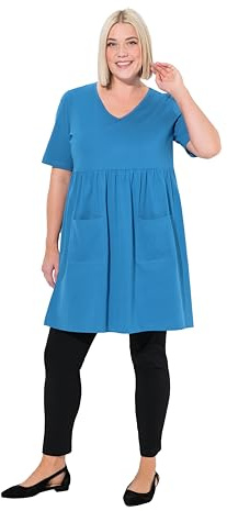 Ulla Popken Damen große Größen Übergrößen Plus Size Longshirt, Empirenaht, A-Linie, V-Ausschnitt, Halbarm türkisblau 58+ 838145758-58+
