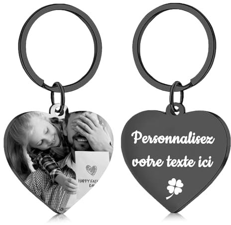 Porte Clef Personnalisable avec Photo et Texte Porte Clé Personnalisé pour Homme, Femme, Couple Cadeau Unique pour Noël, Saint-Valentin, Anniversaires (Cœur)