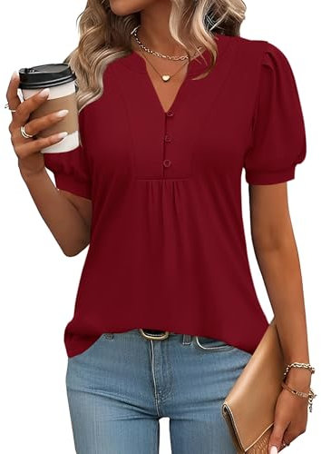 Rapbin Womens Casual Short Sleeve Shirts V Neck Pleated Tops Fashion Dressy Tunic Blouses Red-M(UK 12-14)