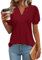 Rapbin Womens Casual Short Sleeve Shirts V Neck Pleated Tops Fashion Dressy Tunic Blouses Red-M(UK 12-14)