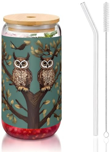 JIUTY Trinkgläser mit Eulenmotiv, mit Deckel und Glasstrohhalm, 1 Stück, 473 ml, Bier-, Eis- und Kaffeegläser