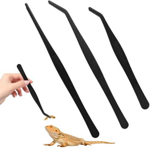 ZORVYN 3 Stück Aquarium Pinzette Set aus Edelstahl, 25 cm gerade, gebogen und 14 cm gebogene Pinzette, lange Reptilien Futterpinzette, schützende Finger Pinzette für Reptilien (Schwarz)