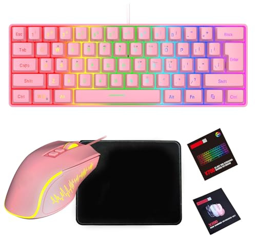 Oreilet Ensemble combiné Clavier et Souris Jeu Ergonomiques Filaires, Rétroéclairage RVB, Mécanique, Capteur Optique Haute Précision, Grand Tapis de Souris, pour PC Garçons Filles (Ensemble Rose)