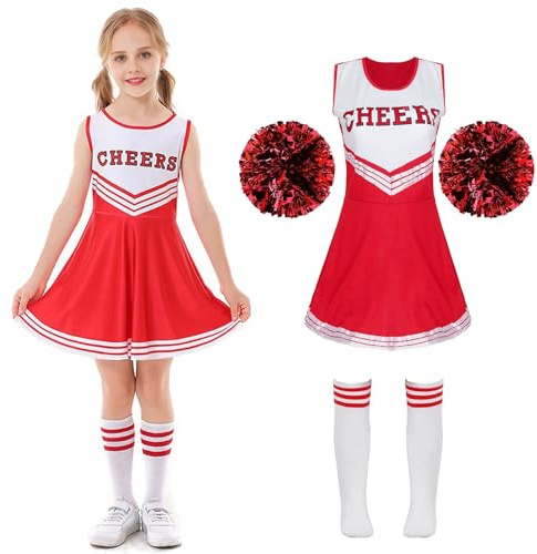 Cnexmin Cheerleader kostym för flickor cheerleader uniform cosplay kostym med pompoms ärmar kostym cheer ledare halloween karneval maskerad, 3–12 år