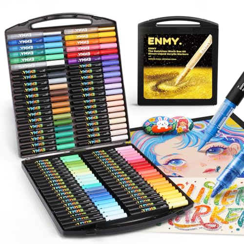 ENMY 80 Colours(68+12) Acrylic Markers, High‑Opacity Brush Tip Paint Pens | 68 Acrylic + 12 Glitter;Direct liquid ink system; Smooth colour flow;Quick-dry, water-resistant; Anime, manga & illustration