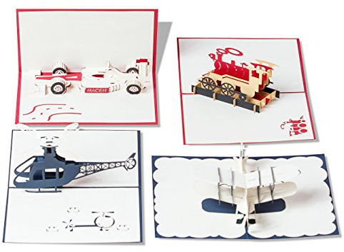 Pop Up Cards Set for Kids. Boys Will Love These 3D Christmas or Happy Birthday Cards (4 Pack)