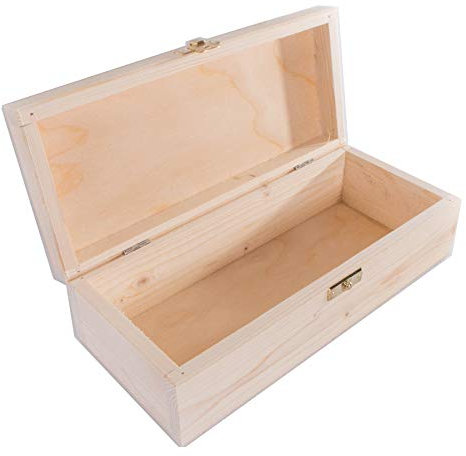 WooDeeDoo Rectangular Wooden Storage Box with Clasp and Hinged Lid – 24 x 10.5 x 7 cm – Unpainted Pine Case for Crafts Jewellery Trinkets Keepsakes Gift Decorating