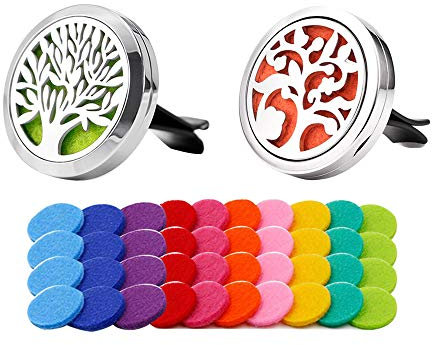 QitinDasen 2Pcs Premium Auto Aromatherapie Ätherische Öle Diffusor, Auto Aromatherapie Edelstahl Vent Clip, mit 40Pcs Ersatz Filzunterlage (10 Farben) Ohne Öl (Lebensbaum & Glücksbaum)