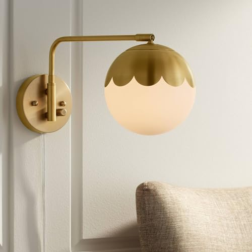 360 Lighting Kelowna Modern Indoor Swing Arm Wall Lamp Antique Brass Metal Plug-in Light Fixture Dimmable Globe Glass Shade for Bedroom Bedside House Reading Living Room Home Hallway Dining