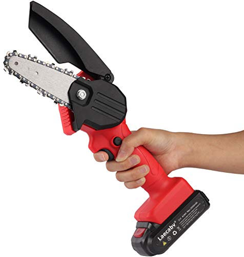 Laecabv NEW 2nd Generation of 4-Inch Mini Chainsaw, Cordless Chain Saw with Protect Flip, 2Pcs Batteries Portable One-Hand Electric Pruning Saw 0.7kg Lightweight for Tree Branch Wood Cutting (Red)