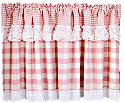 Busica Rideau de Cuisine Court, Rideau Court à Carreaux à Passe Tringle, Rideau Brise- Bise pour Café Cuisine Bistro,Rose,W x H 180x160cm
