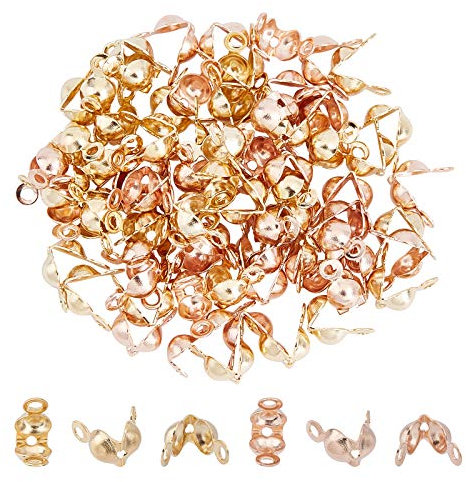 UNICRAFTALE 80pcs Golden & Rose Gold Cord Bead Tips Stainless Steel Calotte Ends Open Clamshell Knot Covers Fold-Over Bead Tips for Knots Crimp Findings Jewelry Making 7.5mm Long