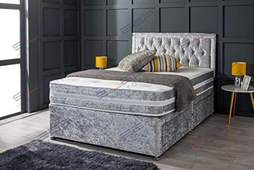 Sleep Factory Ltd Silver Crushed Velvet Chesterfield Bumper 2 Drawer Divan Bed Set, Mattress and Headboard 3.0 ft Single