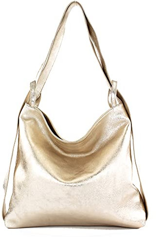 modamoda de T192 Damen Leder Rucksack Schultertasche 2in1 handmade in Italy, Farbe:Lightgold Metallic