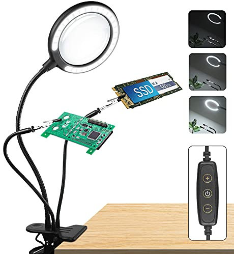 Lupe Mit Licht Und Klemme,3X VergrößErung Helfenden HäNden Tageslicht Lupenlampe Mit Licht Mit 28 Dimmbare LED,Dritte Hand 3 Helfende Arme Beleuchtete Leselupe Zum Basteln,Lesen,NäHen,Hobbys