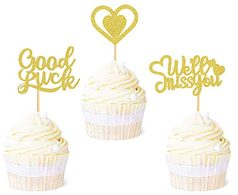 Blumomon 36 Pack Gold We Will Miss You Cupcake Toppers with Love Glitter Good Luck Cupcake Pick Decorations for Going Away Farewell Retirement Theme Party Cake Decorations Supplies