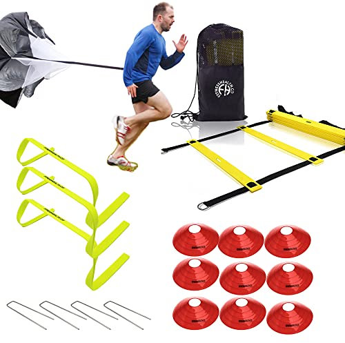 Fitness Health - Speed & Agility Athlete Training Set, Speed Chute, Hurdles, Agility Ladder and Sports Cones, Metal Pegs & Cone Strap
