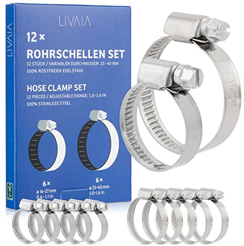 Rohrschellen Set: 12x Rohrschelle Edelstahl 16mm – 27mm und 25mm – 40mm – Schlauchschellen Set – Rohr Schellen Set – LIVAIA Schlauchschellen Edelstahl
