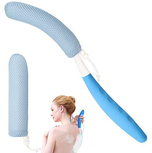 Back Scrubber for Shower,15.35Curved Body Brush with Anti Slip Long Handle | Long Back Scrubber for Men & Women, Skin Exfoliating Curved Back Scrub Brush, Removable Long Handle Mesh Sponge Back Washer
