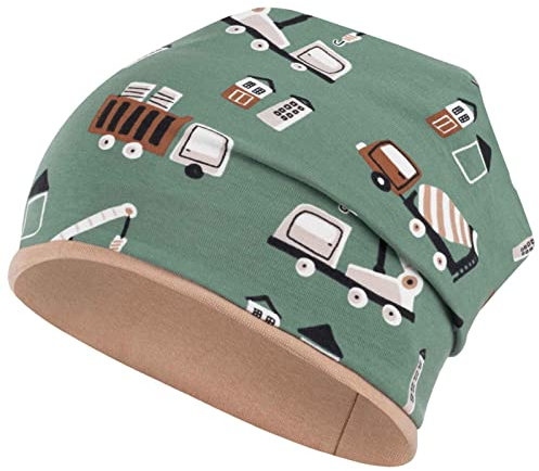 Mütze Junge Kindermütze Übergangsmütze Baumwolle Beanie doppellagig, Größe: 50/52, Farbe: Hellgrün-Baustelle