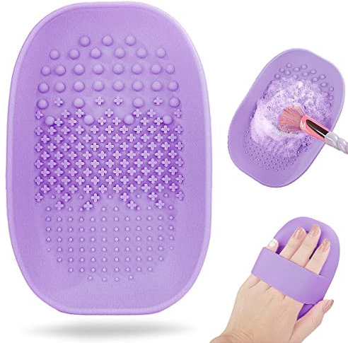 Silicon Makeup Brush Cleaning Mat Makeup Brush Cleaner Pad with Back Strap Cosmetic Brush Cleaning Mat Portable Washing Tool for Makeup (Purple)