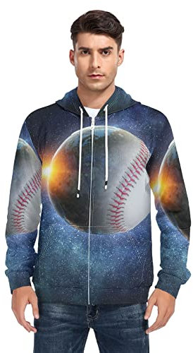 Linomo Herren Kapuzenpullover Sport Ball Galaxis Baseball Zip Hoodie Sweatshirt Pullover Hooded Hoody mit Kängurutasche