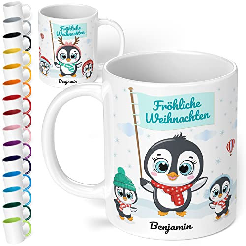 True Statements Weihnachtstasse mit Namen personalisiert „Fröhliche Weihnachten“ - mit Pinguin-Motiv - 330ml Keramik Kaffeebecher mit Spruch - Geschenk zu Weihnachten (Weiß)