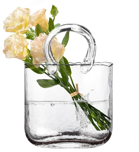 Clear Bag Glass Vases in Handbag Shape, Unique Clear Glass Purse Vases with Handle and Bubbles Design, Modern Art Flower Vases for Centerpieces Living Room Kitchen Office Wedding Decor (Clear)