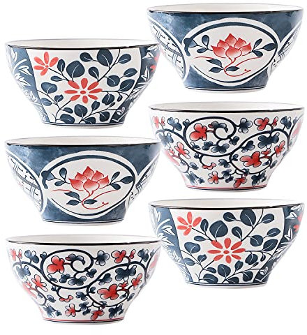 fanquare Juego de Boles de Ensalada de Porcelana Estilo Japonés de 12cm - Cuencos de Cerámica Florales Vintage Azules y Blancos para Sopa, Postre, Frutas, Bocadillos, Juego de 6