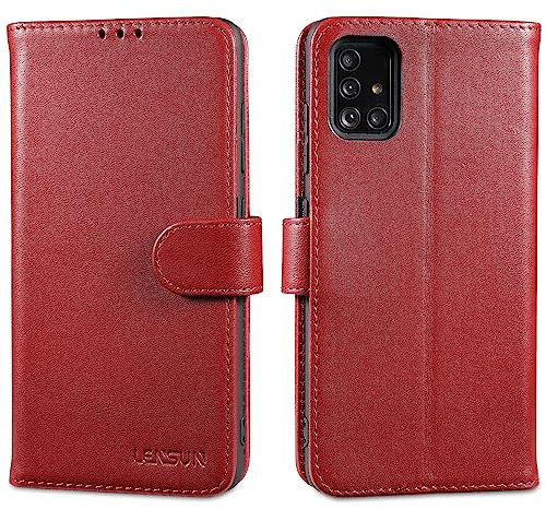 LENSUN Echtleder Hülle für Samsung Galaxy A51 4G, Handyhülle [Echtes Leder] [Kartenfach] [RFID Blocker] Handytasche Lederhülle kompatibel mit Galaxy A51 4G - Weinrot