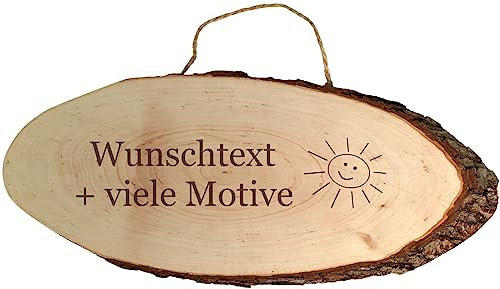 Geschenkissimo Holzschild XXL mit Gravur, Name + Motiv, Rindenbrett oval mit Kordel, Schild mit Aufhängung, Türschild, Wandschild, rustikale Baumscheibe, 40 cm