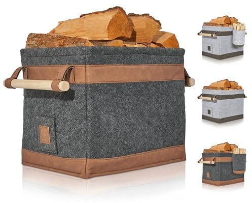 OAKAGE® Holzkorb für Kaminholz Groß [Schmutzabweisendes Innenfutter und Lederboden] Kaminholzkorb Feuerholzkorb Brennholzkorb Kaminkorb Filzkorb | Korb Dunkelgrau