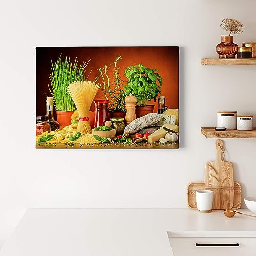A.S. Création Leinwandbild italienisches Essen - Kunstdruck orange gelb - 70x50 cm Querformat - moderne Wanddekoration Schlafzimmer Wohnzimmer Küche - Bild auf Keilrahmen